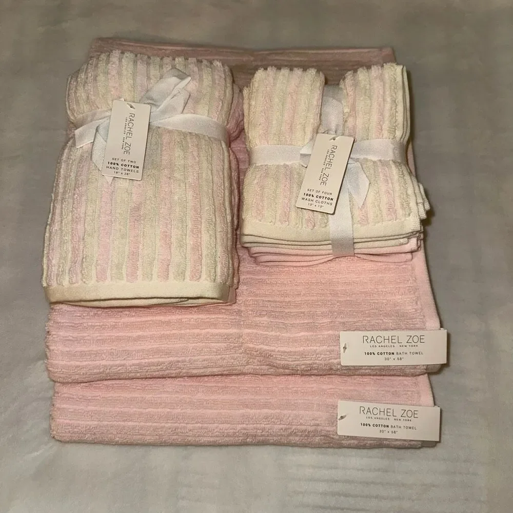 Rachel Zoe Bath Towel Set Cream Light Pink Stripe and Solids Pattern 8 Piece NWT